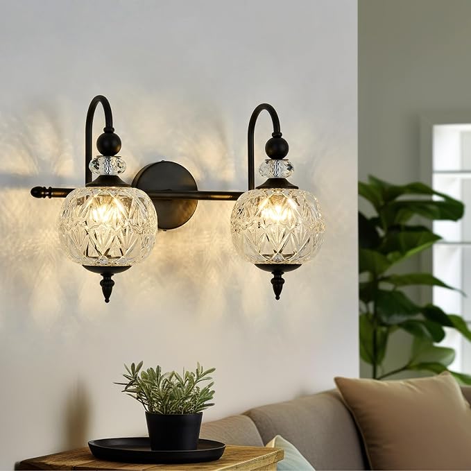 Piepooye Vintage Bathroom Light Fixtures Black Vanity Light with Glass Globe LampShade 2 Lights Mid Century G9 Bulb Wall Sconce Indoor Vanity Light Over Mirror for Kitchen Bedroom Farmhouse