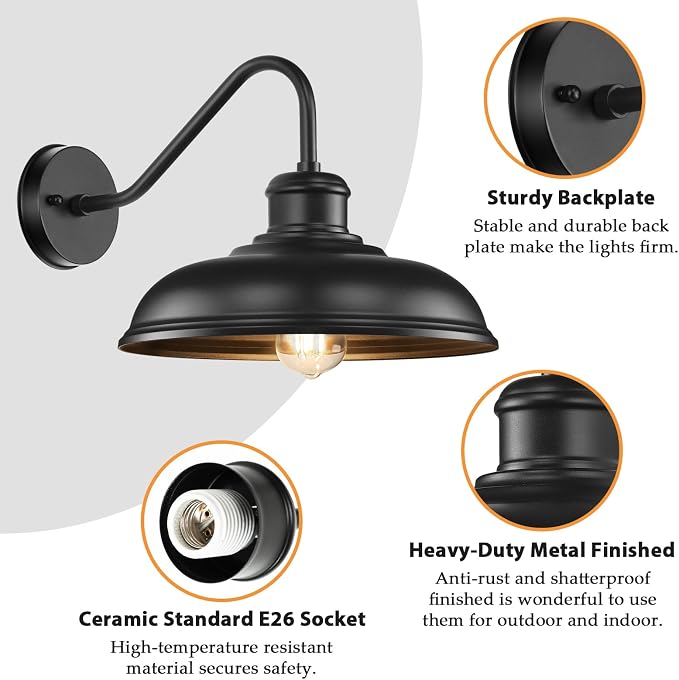 17.25” Outdoor Wall Light Fixtures, Farmhouse Black Gooseneck Barn Lights | 2-Pack Exterior Lighting Fixtures Wall Mounted, Porch Lights Waterproof, Anti-Rust Outdoor Lights for House Garage Entryway