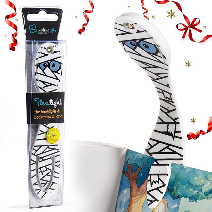 Gifts for Readers & Writers Book Light, Clip On Reading Light for Bed, 2in1 Flexilight & Bookmark, Small & Lightweight with a Soft Glow, 2 Batteries Included, Mummy