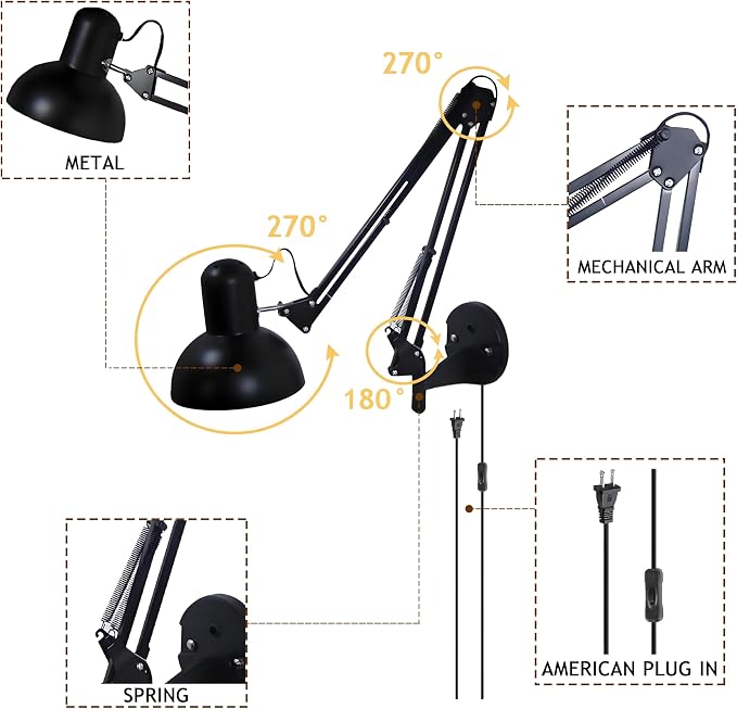 Black Industrial Swing Arm Wall Light Nordic Adjustable Long Arm Wall Sconces Lamp Metal Double-arms Folding Architect Work Wall Mount Lighting for Bedroom Reading Living Room