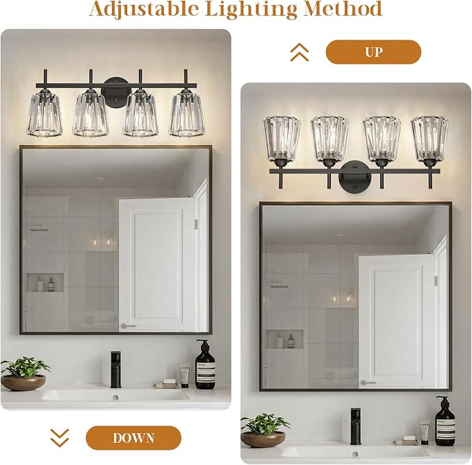 Crystal Bathroom Light Fixtures Over Mirror, Black 4-Light Bathroom Vanity Lights Over Mirror Modern Wall Lighting Sconces with Ceramic E26 Base (Bulbs Not Include)