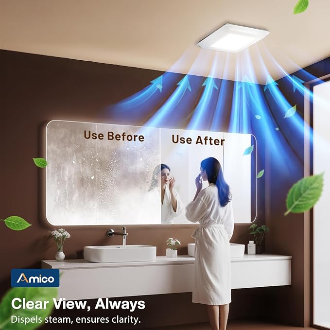 Amico Bathroom Exhaust Fan with Light, 80 CFM, 0.9 Sones, 1000LM, 5CCT, Easy Install, Ceiling Mount Shower Bathroom Fan, Adjustable Exhaust Vent with light, ETL & FCC Certified