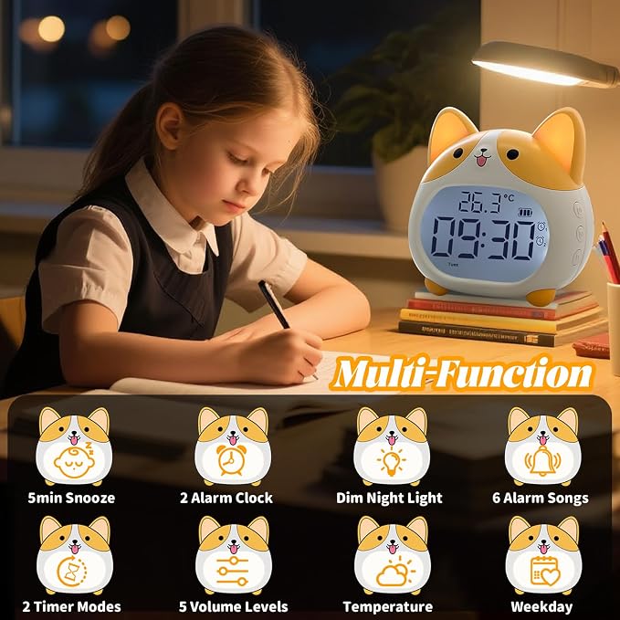 AVEKI Alarm Clocks for Kids - Cute Dog Clock with Night Light, 6 Alarm Tones, Snooze, Timer, Date and Temperature Display - Rechargeable Battery Operated Digital Clocks for Bedroom Kids Room (Corgi)