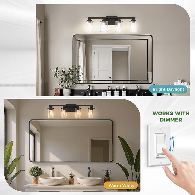 4-Light Black Bathroom Light Fixture Over Mirror ETL Listed | Modern Vanity Lights With Clear Glass Shade, Bathroom Wall Light, Wall Sconce for Hallway Bedroom Living Room, ETL Listed