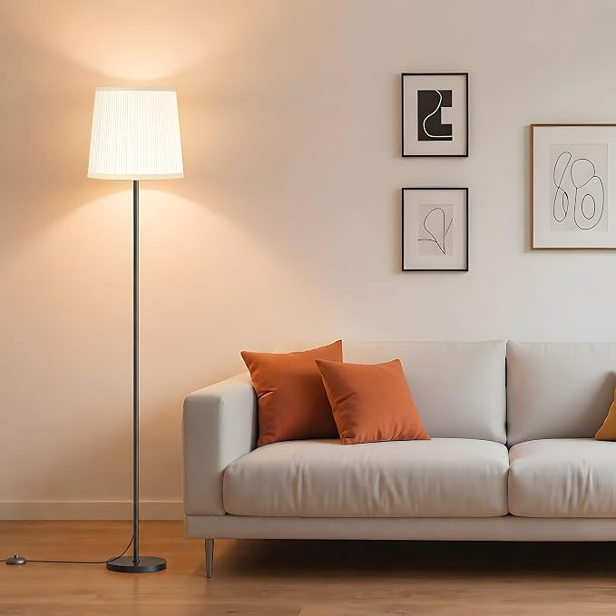 Dimmable Floor Lamp with Pleated Shade for Living Room | Dimmable LED Standing Lamp with Foot Switch, Modern Floor Reading Light for Bedroom Office Corner
