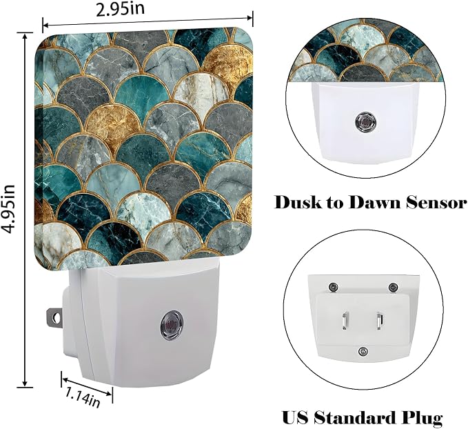 Marble Night Light,Mermaid Fish Scales Plug Into Wall Decor for Stairway,Hallway,Kitchen,Dusk to Dawn Sensor Nightlights for Boys/Girls/Women/Men Room Gifts