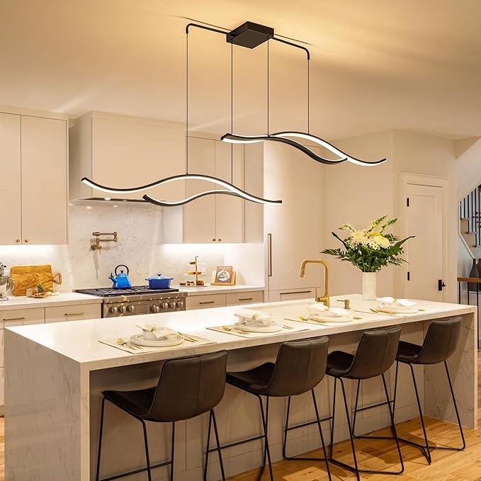 Mayful LED Chandelier, Modern Chandelier with Remote Control, Dimmable 3000K-6000K Adjustable Temperature, Height Adjustable Kitchen Island Pendant Light for Dining Room, Living Room Black 64.2 inches
