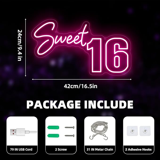 Sweet 16 Party Decorations Neon Sign, Sixteen 16th Birthday Decorations Gift for Girls, Light Up Numbers Sweet 16 Sign for Party Backdrop Wall Decor, Pink,16.5x9.4 inch