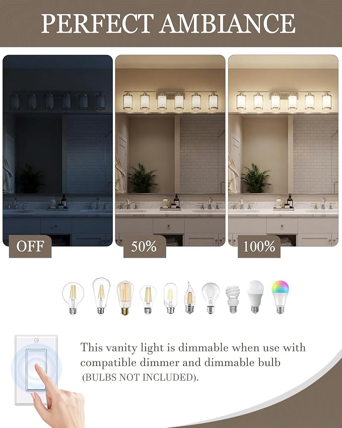 6-Light Brushed Nickel Bathroom Light Fixtures Over Mirror with Frosted Milk Glass and Metal Cage Shade, 42" UL-Listed Modern Farmhouse Wall Sconce for Bath, Hardwire E26, OS-3014BNW-6W