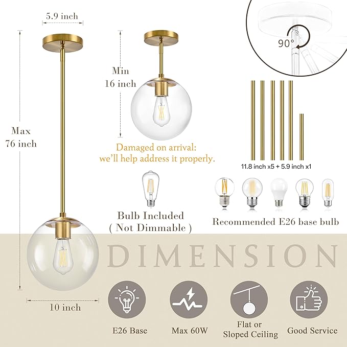 10" Globe Pendant Light Gold 2 Pack Mid Century Pendant Light Globe Pendant Lights Kitchen Island Brushed Brass Finished with Clear Glass Adjustable Ceiling Light Fixtures for Dining Room Bar