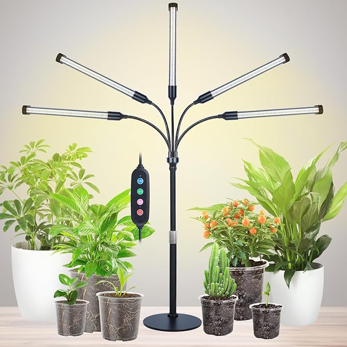 5Head Desk Grow Lights for Indoor Plant, Seed Starting, Bonsai, Full Spectrum Plant Grow Lamp, 4/8/12/16/20H Timer, 45 Watt Power Draw, NO Need Adapter, Adjustable Height(16"-24")