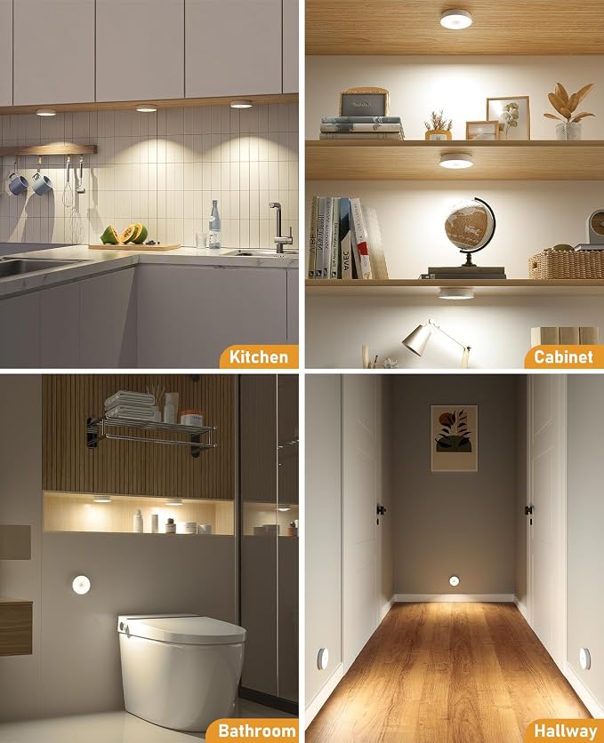 Motion Sensor Closet Lights, USB-C Rechargeable Under Cabinet Puck Lighting with 3 Color Temperatures & Charge Station, Dimmable Battery Powered Step Lights for Kitchen,Stairs,Wardrobe