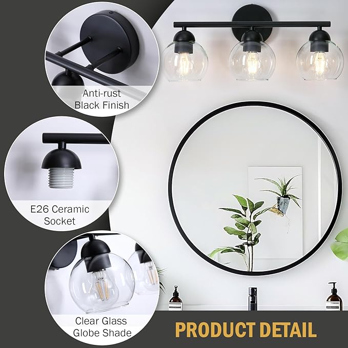 3 Light Bathroom Vanity Light, Black Vanity Light with Globe Glass Shades, Farmhouse Bathroom Light Fixtures Over Mirror, Modern Wall Lights for Bedroom Hallway, E26 Socket