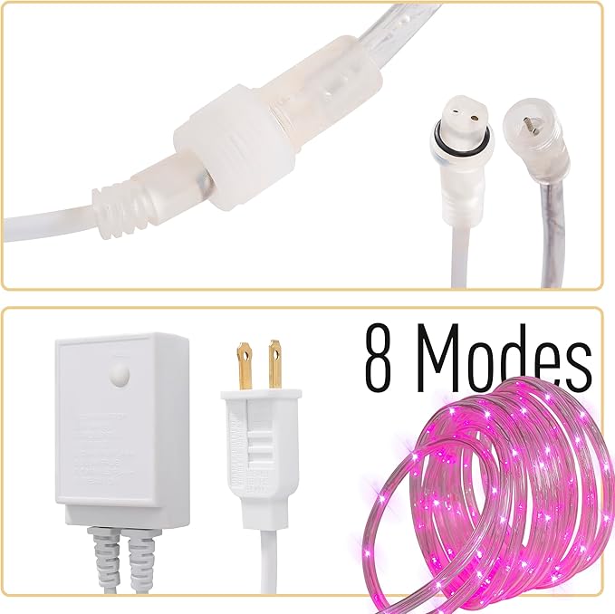 Waterproof LED Rope Lights, Connectable & Flexible with 8 Modes, Outdoor Lighting for Deck, Garden, Pool, Patio & Christmas Decor (Pink, 50ft)
