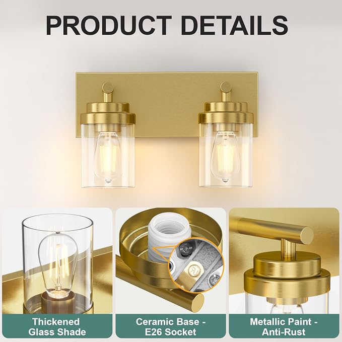 IZORRO Bathroom Vanity Light Fixture, 2-Light 15 Inch Gold Bathroom Light Fixtures Over Mirror, with Clear Glass Shade, Modern Farmhouse Vanity Lights, Rustic Restroom Lighting Fixtures