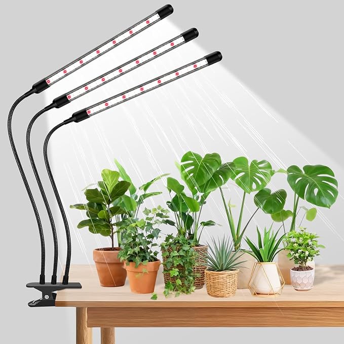 Tri-Head Clip Grow Light for Indoor Plants, Full Spectrum with 6/12/18H Timer, 5 Dimmable Levels, 3 Spectrum Modes & 360° Gooseneck for Seedlings, Houseplants, Succulents
