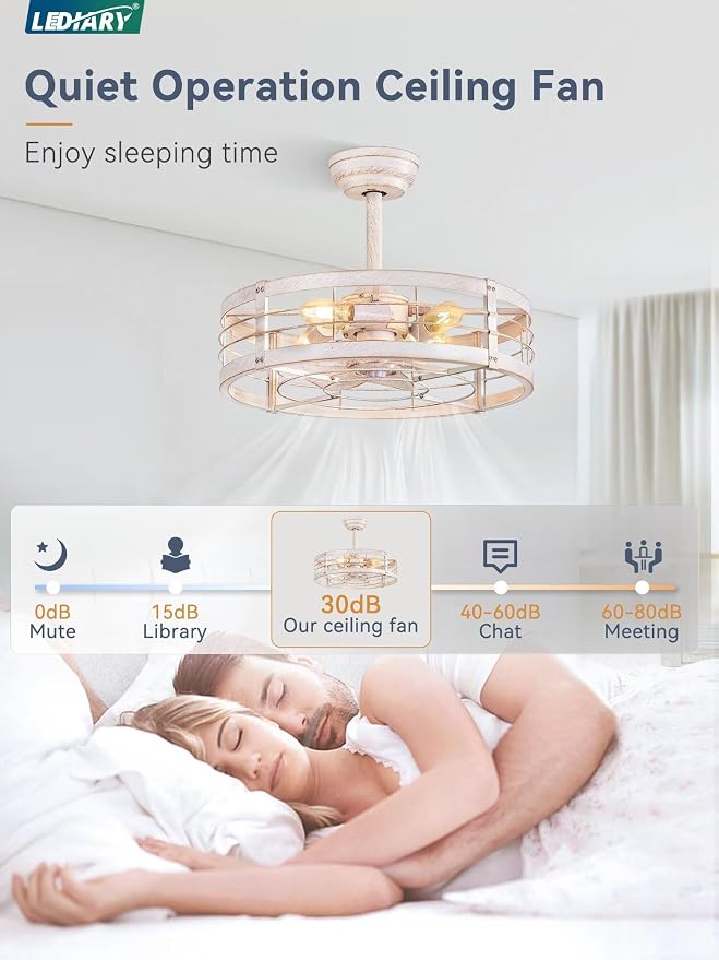 LEDIARY 20 inch Fandelier Caged Ceiling Fan with Light, White Gold | 6 Speed Adjustable,Timing, Quiet & Powerful DC, Small, Farmhouse, Industrial, Enclosed, Bladeless, Bedroom, Kitchen, Downrod