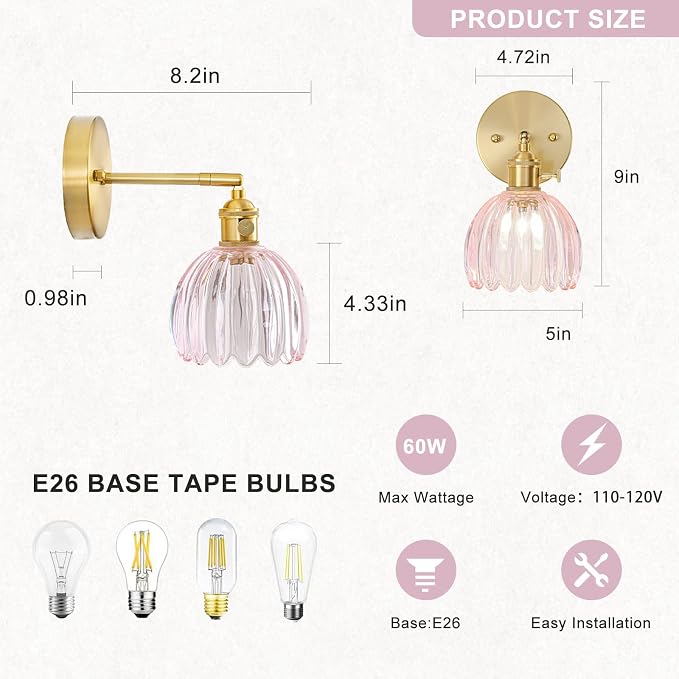 Hardwired Wall Sconce Light, Vintage Wall Sconce with Switch, Gold Wall Light Fixture with Tulip Pink Glass Lampshade, Indoor Wall Light for Bedroom Bathroom, Bedside Wall Lamp