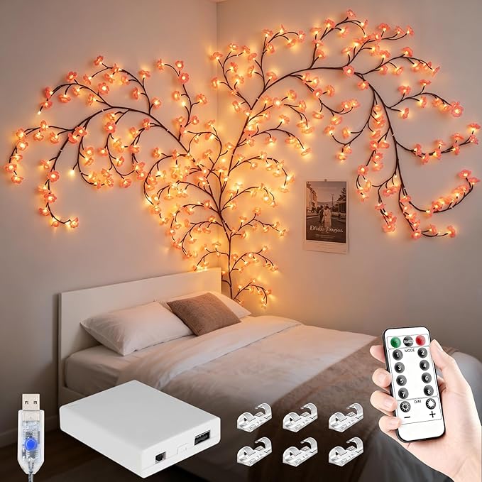 FNHMSL 4FT 48LED Cherry Enchanted Willow Vine Lights for Christmas Bedroom | Pink Cherry Blossom Tree Branch Lights for Wall, Remote Timer,8 Light Model,Bedroom Wall Doors Wedding with USB Battery Box