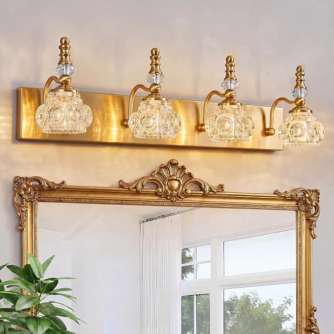 Modern Glass Crystal Vanity Light - Vintage Bathroom Lighting Fixtures Over Mirror, 4 Light Vanity Lights G9 Bulb (27.55 Inch, Gold)