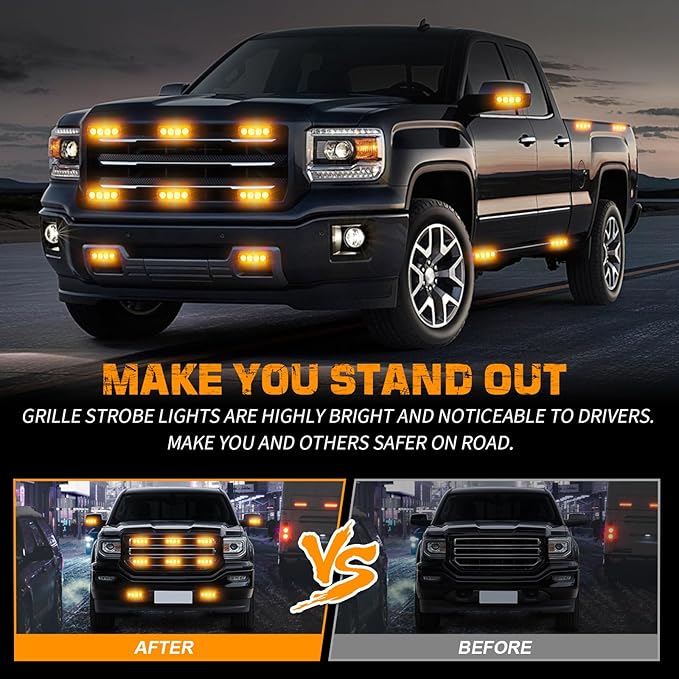 XRIDONSEN 8PCS Sync Grill Strobe Lights 32 LED Amber Strobe Lights Grille Surface Mount Emergency Flashing Warning Hazard Caution Safety Light for Tow Plow Trucks Construction Vehicles Car Wreckers