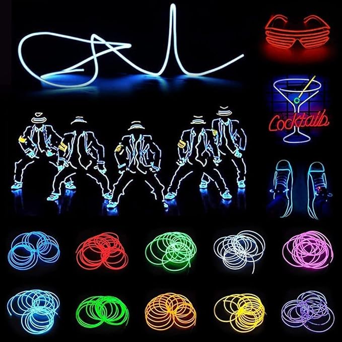 JIGUOOR EL Wire Battery Pack 9.8ft / 3m Bright Neon Light Strip 360° Illumination Neon Tube Rope Lights for DIY, Festival, Party Decoration, Pub, Halloween, Chrismas (9.8ft / 3m, White)