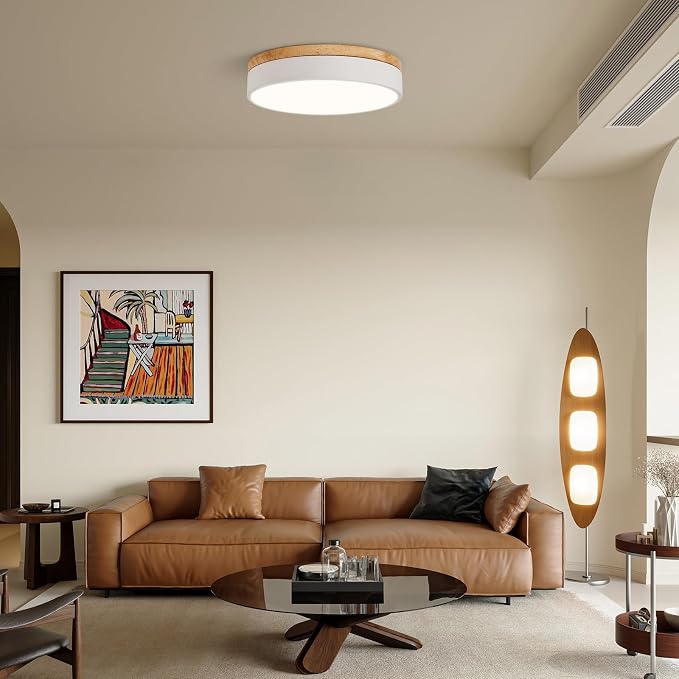 12" Minimalist White and Wood LED Flush Mount Ceiling Light Fixture | Natural Wood Accent, Integrated LED, 5CCT Before Installation, Slim Low-Profile Design, Minimalist Modern Style, Compact Size