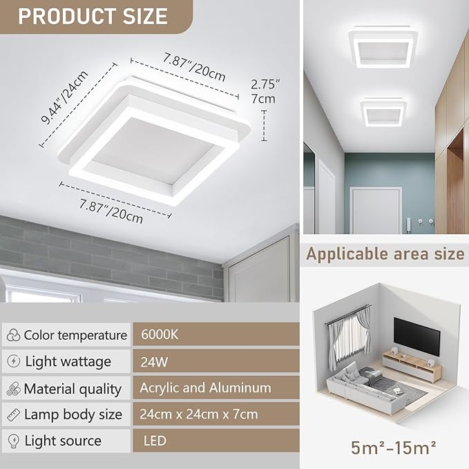 CANEOE 3 Packs Square Flush Mount Ceiling Light, 6000K Black Modern LED Ceiling Light Fixture, Minimalist Hallway Lighting Fixture Ceiling Lamp for Hallway Entryway Bedroom Balcony (White)