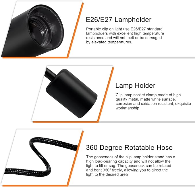 Clip Desk Lamp Socket, 240CM Cord Clamp Light Socket E26 E27 Clip Lamp Holder 360 Flexible Clip on Light with On/Off Switch, Portable, for Lighting, Plant Growth, Black (No Bulb)