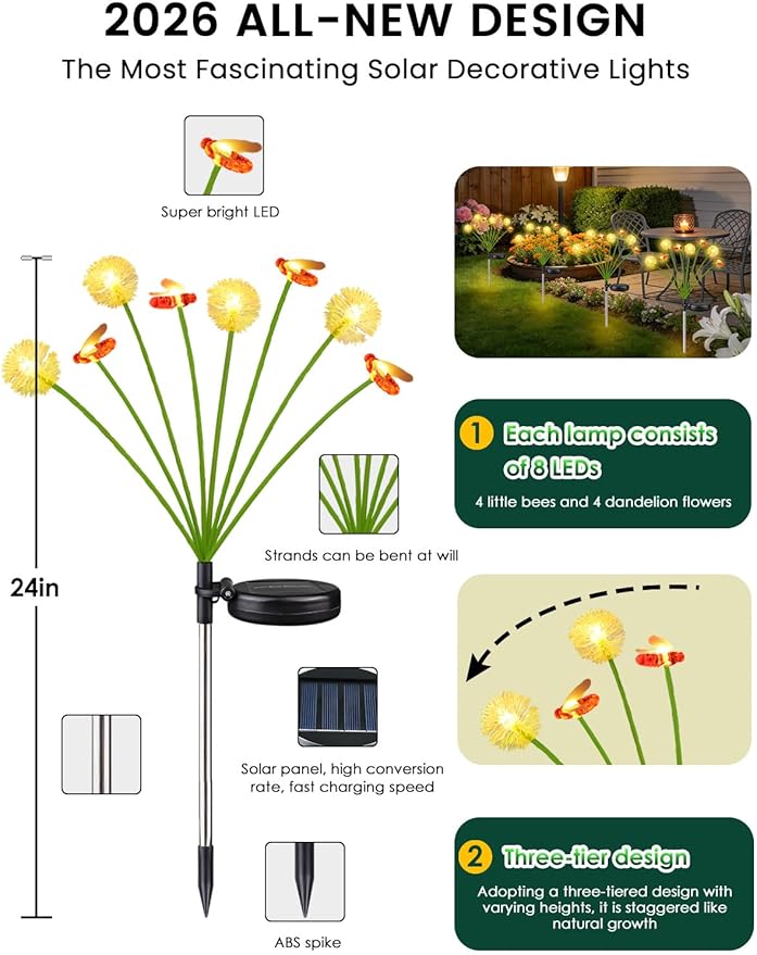 Solar Garden Lights Outdoor, 4 Pack 32 LED, Solar Swaying Dandelion Bee Lights Waterproof, Swaying Firefly Lights for Yard Pathway Lawn Patio Decorations, 2 modes (Steady on, Slow Twinkle), Warm White