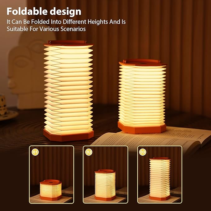Portable Paper Lamp,White Accordion Desk Lamp,Japanese Lanterns lamp for Home Decoration and Gift,Dimmable Bedside Lamp,1200mAh USB Powered Night Light for Bedroom,Office,Reading （Orange