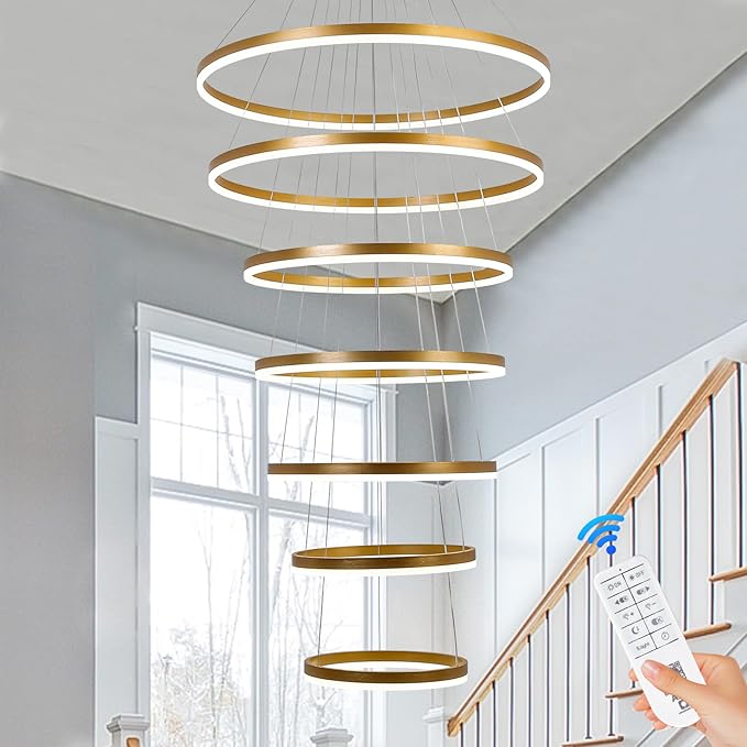 XGZL·LIGHTING 7-Rings Modern LED Chandelier Gold D31.5’’ Contemporary High Ceiling Foyer Chandeliers Large with Remote Entryway for Living Room Entrance Staircase, 3000K-6000K