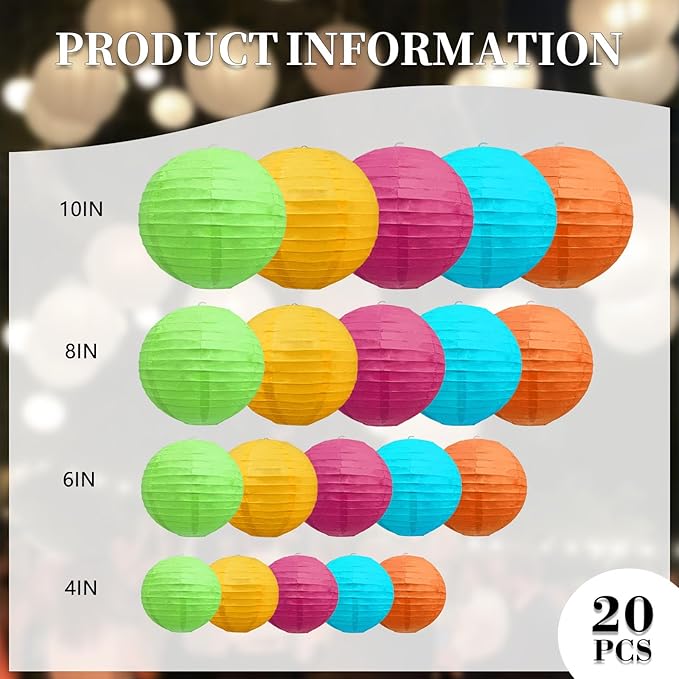 20Pcs Colorful Paper Lanterns for Parties, 6” 8” 10” 12” Chinese Asian Hanging Round Paper Lanterns for Birthday Wedding Halloween Christmas Home Decor Party Decor