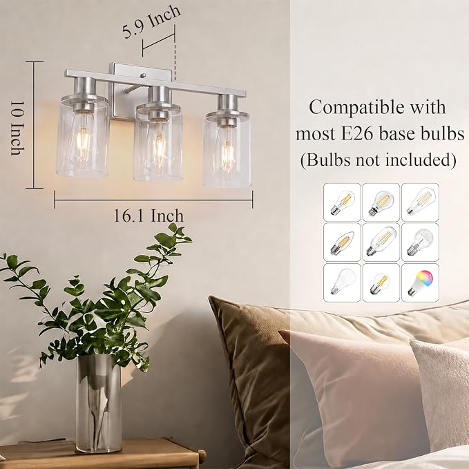 Brushed Nickel Bathroom Light Fixtures Over Mirror,3-Light Bathroom Vanity Light with Clear Glass Shade,Modern Farmhouse Wall Sconces Lighting for Mirror Kitchen Living Room Cabinet