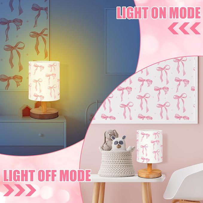 Bow Kids Table Lamp for Bedroom Kids Bedside Lamp with Linen Wooden Nightstand Cartoon Nursery Lampshade for Girls Boys Living Room
