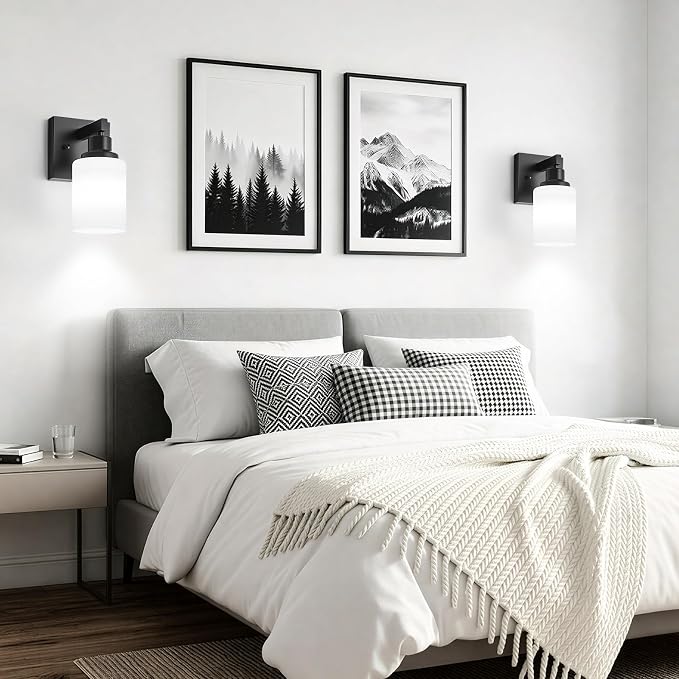 Set of 2 Wall Sconces for Bathroom, Black 1 Light Bathroom Vanity Light,Modern Wall Sconces Indoor with White Glass Shades,Farmhouse Wall Lamp for Bedroom Living Room Mirror Hallway