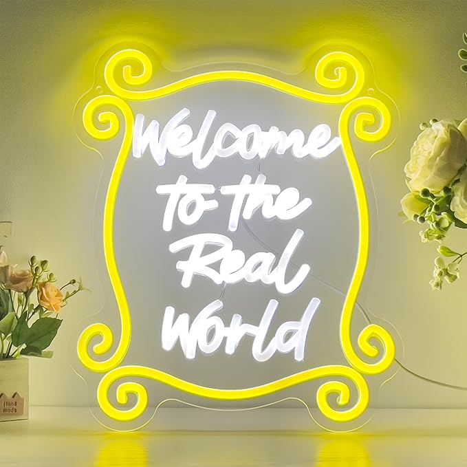 Friends TV Show Monica’s Door Welcome to the Real World Neon Sign, Graduation Decor Gifts, Friends Home Decor Wall Art, Friends Gifts for Fans, Friends Themed Birthday Party Decorations for Bedroom & Living Room