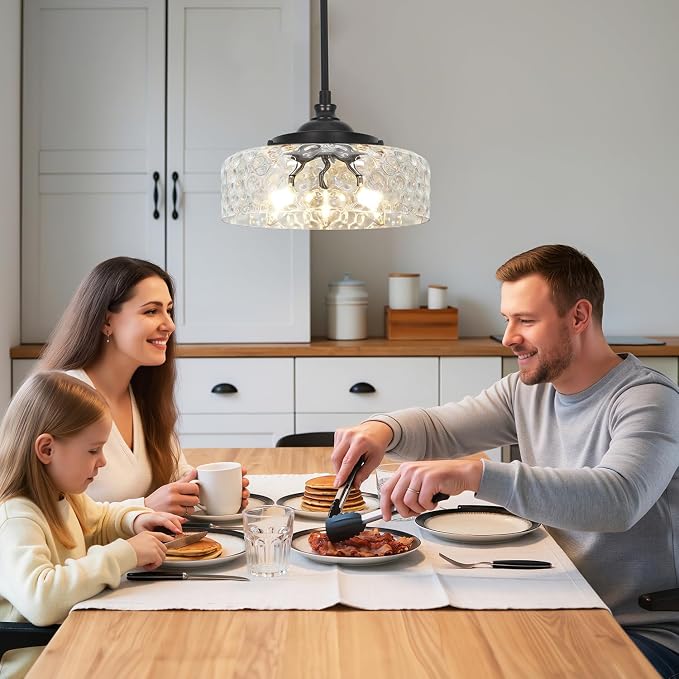 3-Light Adjustable Pendant Lights Kitchen Island, Black Pendant Light Fixture with 12" Clear Hammered Glass Shade, Modern Drop Light for Bathroom, Hallway, Convertible Ceiling Mount Or Hanging Fixture