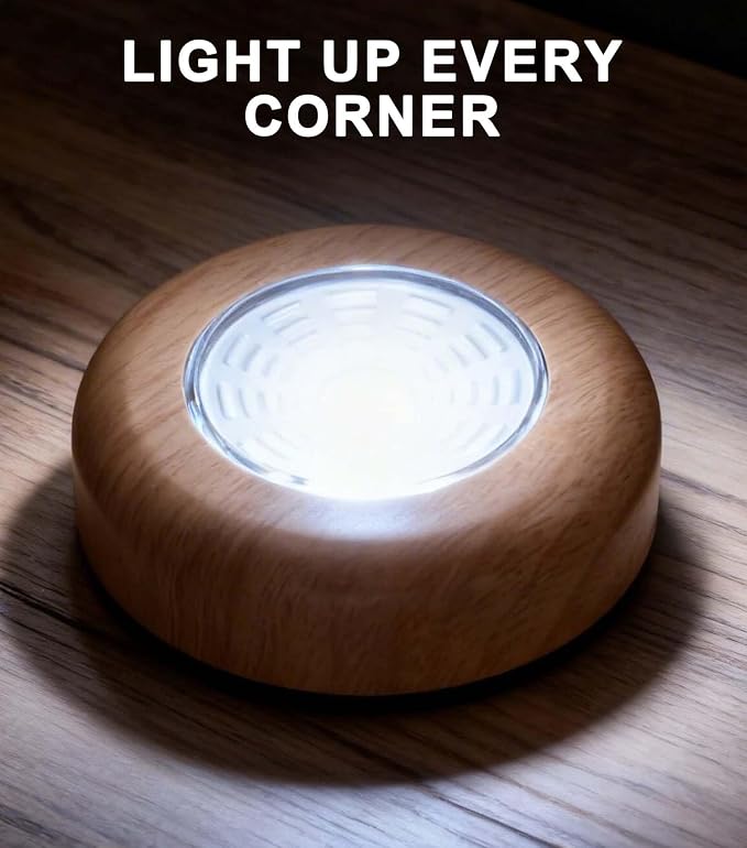 Wood Grain Puck Light, 6 Pack Small Push Lights Tap Light Battery Powered | Stick On Push Lights, Self-Adhesive Under Cabinet Lighting for Kitchen, Closet, Wardrobe, Shelf, Showcas, Shelf