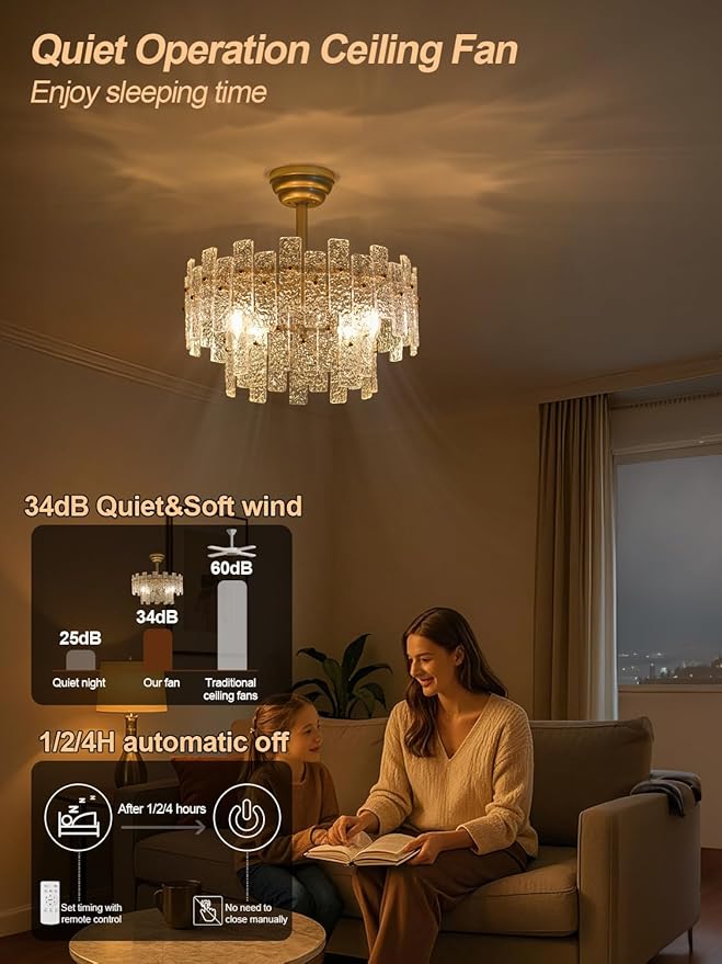 20" Gold Fandelier Ceiling Fan with Light,Gold Crystal Chandelier Ceiling Fans with Lights and Remote Control,Mid-Century Modern Caged with 6 Speeds for Living Room Bedroom Nursery