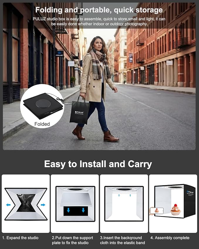 Photo Studio Box, PULUZ 40cm Folding Lightbox 160 LED Ring Light Portable Photo Studio Photography Shooting Tent Box Kit 12 Colors Backdrops USB Light Box for Phones DSLR Camera 16 x 16 inch