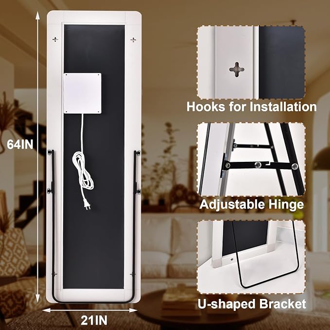 LED Full Length Mirror, 64"x21" Lighted Floor Mirror with Stand | Dimming & 3 Color Lighting, Wall Mounted Leaning Hanging Large Standing Full Body Mirror for Bedroom, Cloak Room, White