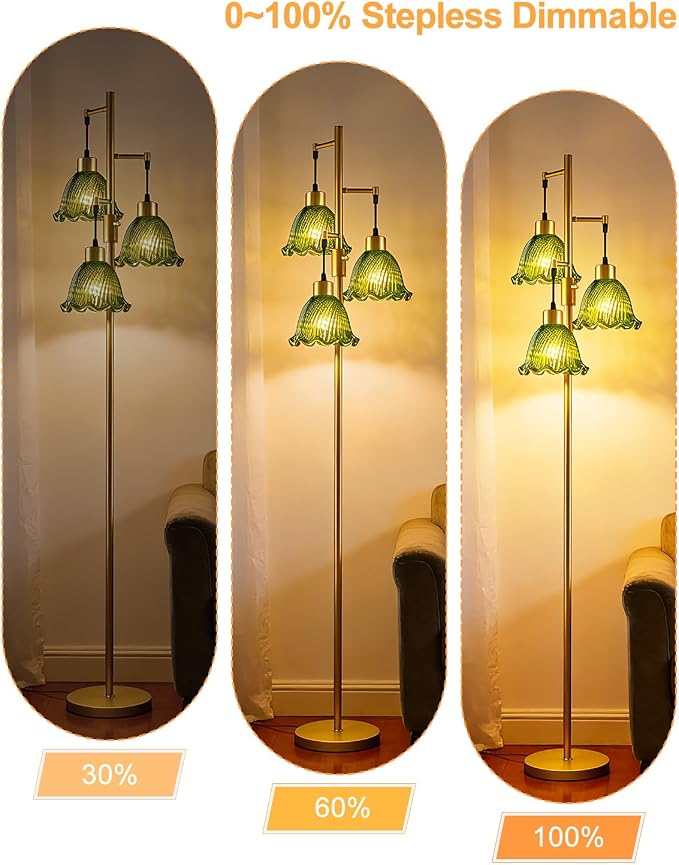 Lightdot Glass Floor Lamps for Living Room, 3-Light Dimmable Floor Lamp with Green Glass Shade& E12 Bulbs Included, Mid Century Standing Tall Lamp with 5Lbs Heavy Base for Bedroom/Sofa Beside-Gold