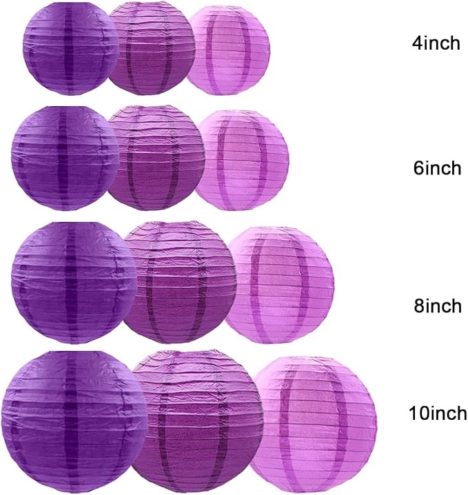 Purple Paper Lanterns Decorative,Hanging Chinese Lanterns Indoor Outdoor for Birthday, Wedding, Christmas, Bridal, Home Decor, Ceiling Decorations(Size of 4”, 6”, 8”, 10”,12Pcs)