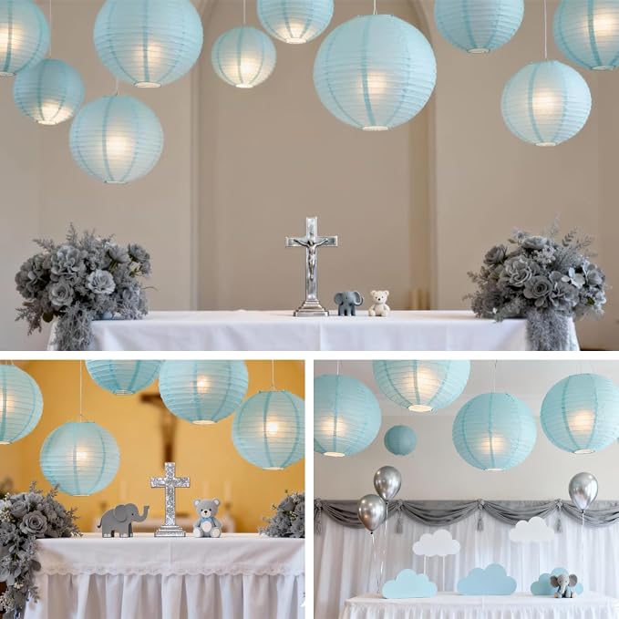 Light Blue Chinese Paper Lanterns with LED Lights, 10-Pack 12in | Hanging Lights for Gender Reveal, Beach Party, Birthday Decorations, Ceiling Decor & Home Party