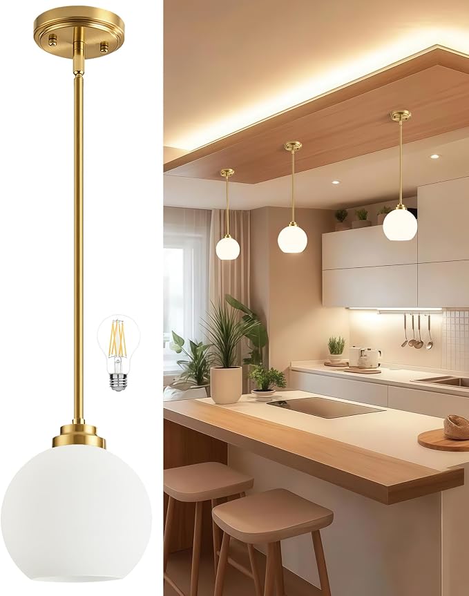 Majade 7.4" Globe Pendant Lights Mid Century Modern Kitchen Island Pendant Light Fixtures Gold Brass Pendant Lighting with Milk Glass Adjustable Hanging Light Fixtures for Dining Room Living Room