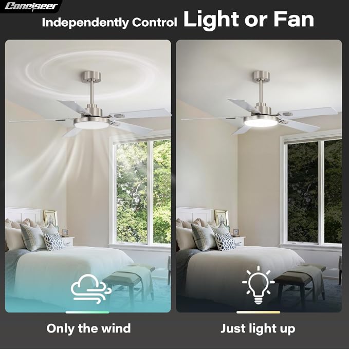 60 Inch Ceiling Fans with Lights and Remote, Bedroom Living Room Office Library Cafe Outdoor Industrial, 5CCT Dimmable, Dual Color 5 Blades, 6 Speed Reversible Quiet DC Motor, Sand-nickel/Wood Grain