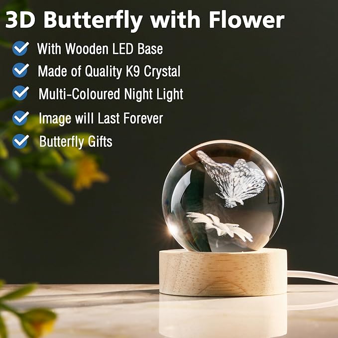 IFOLAINA Butterfly Crystal Ball Gifts Ideas for Girlfriend Wife Mom Couple Her Bithday Mothers Day 3D Butterfly on Sunflower Night Light Decorative Globes Room Decor