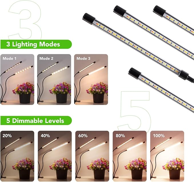 Grow Lights for Indoor Plants, 4 Heads Full Spectrum with Timer | 2 Pack,10ft long USB cable, auto on/off 3/9/12H timer, 10 dimmable brightness, for succulents, herbs & seedlings