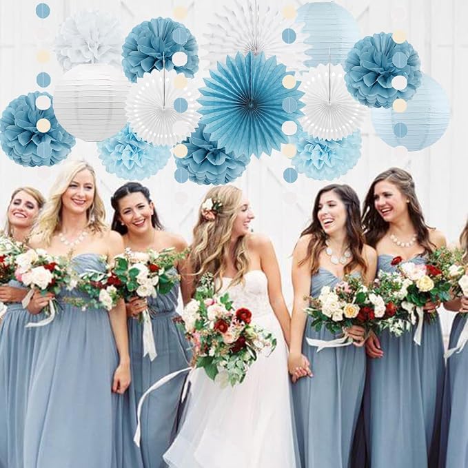 Dusty Blue White Party Decorations Paper Lanterns Tissue Pom Poms Flowers White Paper Fans for Light Blue Birthday Baby Shower Bridal Shower Wedding Party Decoration